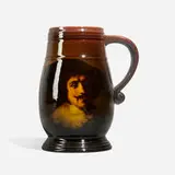 Light Standard Glaze portrait mug with mustachioed cavalier by Sadie Markland for Rookwood Pottery, sold Aug 2023