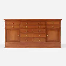 Barton breakfront by Frank Lloyd Wright, oak veneer, oak, brass, sold Aug 2023