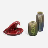 Collection of three production items by Rookwood Pottery, 1914, 1916, 1950, glazed earthenware, glazed porcelain, sold Aug 2023