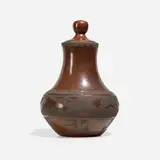 Carmelita Vigil Dunlap, Unusual San Ildefonso Pueblo Brownware covered urn with Avanyu decoration