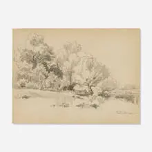 Peter Moran, Landscape, graphite and gouache on paper