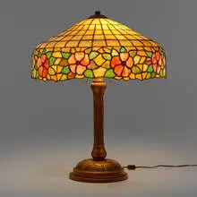 The Wilkinson Co., Table lamp shade with an Arts & Crafts base, c. 1912, leaded glass, hammered copper
