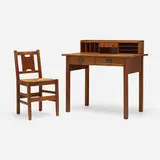 Desk, model 720 and H-back chair, model 398 by Gustav Stickley, c. 1914, oak, copper, rush, sold Aug 2023