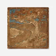 Ernest A. Batchelder, Landscape tile with tree and field, c. 1920, glazed earthenware