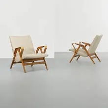 lounge chairs, pair by Ico Parisi, c. 1960, ash plywood, beech, upholstery, sold Sep 2013