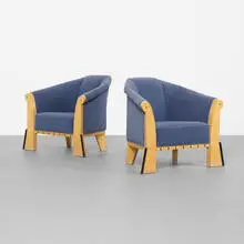 lounge chairs, pair by Michael Graves, 1980, maple burl, upholstery, lacquered wood, sold Sep 2013