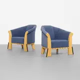 Michael Graves, lounge chairs, pair, 1980, maple burl, upholstery, lacquered wood