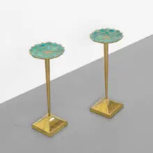 occasional tables, pair by Pepe Mendoza, c. 1960, brass, ceramic inlay, sold Sep 2013