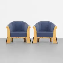 lounge chairs, pair by Michael Graves, 1980, maple burl, upholstery, lacquered wood, sold Sep 2013