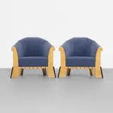 Michael Graves, lounge chairs, pair, 1980, maple burl, upholstery, lacquered wood