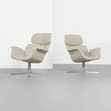 Tulip lounge chairs, pair by Pierre Paulin, 1963, upholstery, matte chrome-plated steel, sold Sep 2013