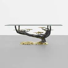 attribution Willy Daro, Bonsai coffee table, c. 1980, cast and patinated brass, glass