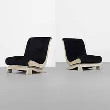 James Mont, lounge chairs, pair, c. 1950, lacquered and cerused oak, upholstery