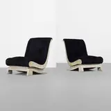 James Mont, lounge chairs, pair, c. 1950, lacquered and cerused oak, upholstery