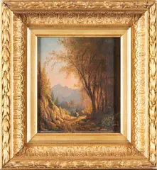 John W. A. Scott, New Hampshire Fall Scene of a traveler on horseback along a shaded path through what is likely the White Mountains, where Scott produced a large proportion of his work., oil on panel