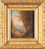 John W. A. Scott, New Hampshire Fall Scene of a traveler on horseback along a shaded path through what is likely the White Mountains, where Scott produced a large proportion of his work., oil on panel