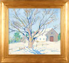 Winter Farmhouse by Anne Cary Bradley, Oil on canvas laid over panel, sold Dec 2023