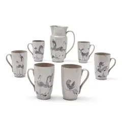 Edwin and Mary Scheier Studio, Pottery Pitcher and Six Mugs, 1945