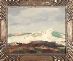 Jay Hall Connaway, Sidling Scene text written by the artist at the bottom of the painting identifies the scene from Maine, 1948., oil on panel