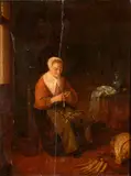 Interior with a Woman Peeling Potatoes by Leiden School, late 17th Century, oil on panel, sold Dec 2023