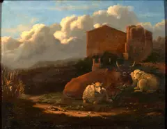 Franz van Severdonck, Sheep and a cow at rest in a landscape, oil on panel