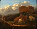 Franz van Severdonck, Sheep and a cow at rest in a landscape, oil on panel