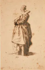 Lady in Profile with her Hands in Her Muff by Jacques Callot, etching on paper, sold Dec 2023