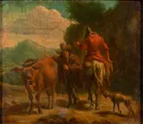 Travelers in a landscape with cattle and a dog *NOTE: This is not in the 2006 catalogue of Berchem's works* by Nicolaes Pieterszoon Berchem, oil on panel, sold Dec 2023
