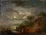 A Moonlit Harbor with Fishermen by British School, oil on canvas, sold Dec 2023