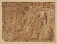 Aulus Postumius Tubertus puts his son to death for betraying his orders by Domenico Beccafumi, black chalk and wash on paper, sold Dec 2023