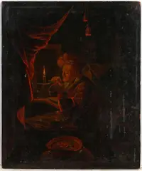 Fixing a Quill by Candlelight by Gerrit Dou, oil on panel, sold Dec 2023