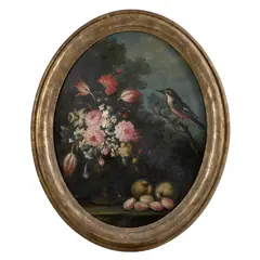 Italian School, Pair of Still Life Tondos with Birds and Flowers, unsigned oil on canvas