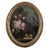 Pair of Still Life Tondos with Birds and Flowers by Italian School, unsigned oil on canvas, sold Dec 2023