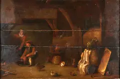 David Ryckaert III, Interior Scene in a Barn with Figures and Chickens, oil on panel