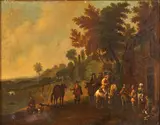 Continental School, 17th Century Style, Travelers Stopping at Tavern, oil on canvas