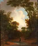 French School, 19th century, Figure Fording a Stream, oil on canvas