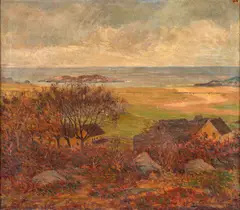 Morris Hall Pancoast, Seaside Farm Depicting yellow-painted houses in a fall setting with the ocean in the background, mounted in a gold-painted frame., Oil on canvas