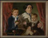 Portrait of a Woman and Two Boys,  depicting three figures richly dressed with lace collars and cuffs, the child at left seated behind a japanned table holding a leashed bird, in later frame. by European School, 19th Century, Oil on linen, sold Oct 2023
