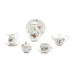 Meissen, Sheaf Pattern Luncheon Set, polychrome enamel decorated with flowers extending from a sheaf-form basket, including a covered coffeepot, ht