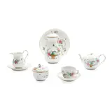 Meissen, Sheaf Pattern Luncheon Set, polychrome enamel decorated with flowers extending from a sheaf-form basket, including a covered coffeepot, ht