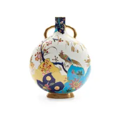 Mintons Hand-painted Porcelain Pilgrim Flask, Untitled, 1880, white ground with heavy gilding and polychrome enameling, a tropical bird perched above large leaves and flowers, insects to the reverse