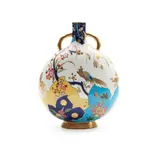 Mintons Hand-painted Porcelain Pilgrim Flask, Untitled, 1880, white ground with heavy gilding and polychrome enameling, a tropical bird perched above large leaves and flowers, insects to the reverse