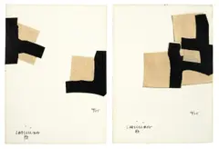 Eduardo Chillida, Martin Heidegger: Die Kunst und der Raum“ (Vorzugsausgabe), 1969, Original-Pappschuber mit 1 Buch mit 1 Lithographie (Umschlag) und 7 eingelegten Litho-Collagen sowie 7 beigegebenen Einzelblättern (Litho-Collagen), jeweils auf bräunlichem Japan, montiert auf Rives-Velin
