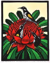 Leslie van der Sluys, New Holland Honeyeaters and Waratah, 2007-2008, linocut 28/90
