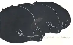 Hippopotami by Eric Anchor Thake, 1974, linocut, sold Jun 2012