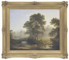 John Glover, Wooded River Landscape with Anglers and Cattle in the Foreground, oil on canvas