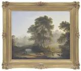 John Glover, Wooded River Landscape with Anglers and Cattle in the Foreground