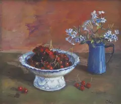Margaret Olley, Still Life with Fresh Cherries and Blue Jug, oil on board