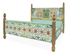Mirka Mora, Carved and painted double bed with head and tail boards mounted between turned supports, the whole decorated with flowers, figures and birds, with matching side rails