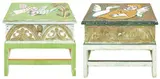 Mirka Mora, Two carved and painted side tables, each rectangular with a single frieze drawer raised on a square stretcher base, the whole decorated with angel, bird, fish and flower motifs